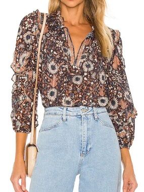 Ulla Johnson Manet Top. Obsidian. Navy/Tan/Cream. Ruffles. Upscale Boho Sz 2